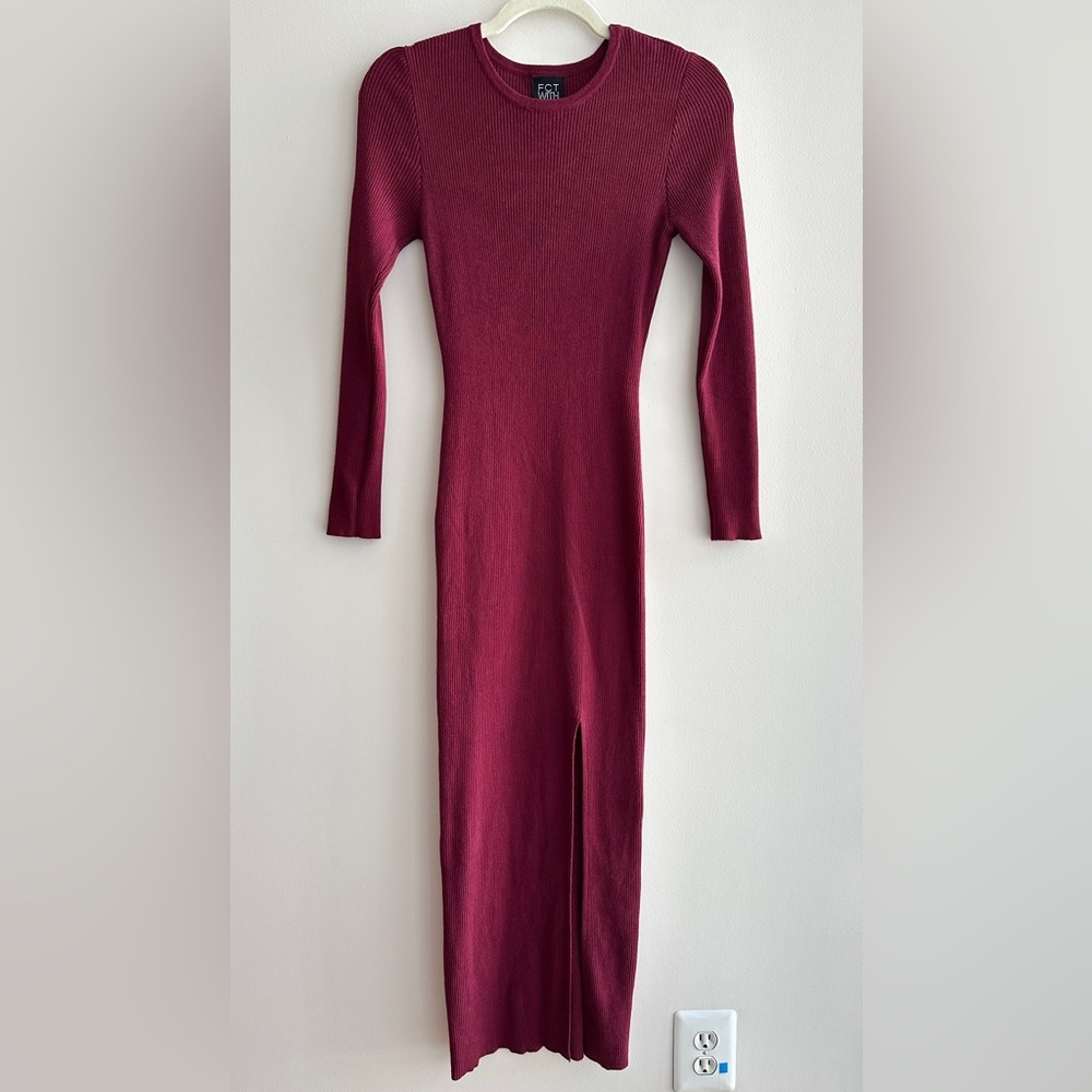 FCT With Love Long Sleeve Ribbed Sweater Dress with Slit, Red Wine, Size Large